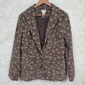 L.L.Bean Womens Corduroy Floral Blazer Jacket Brown Pink Blue Size 10 Regular